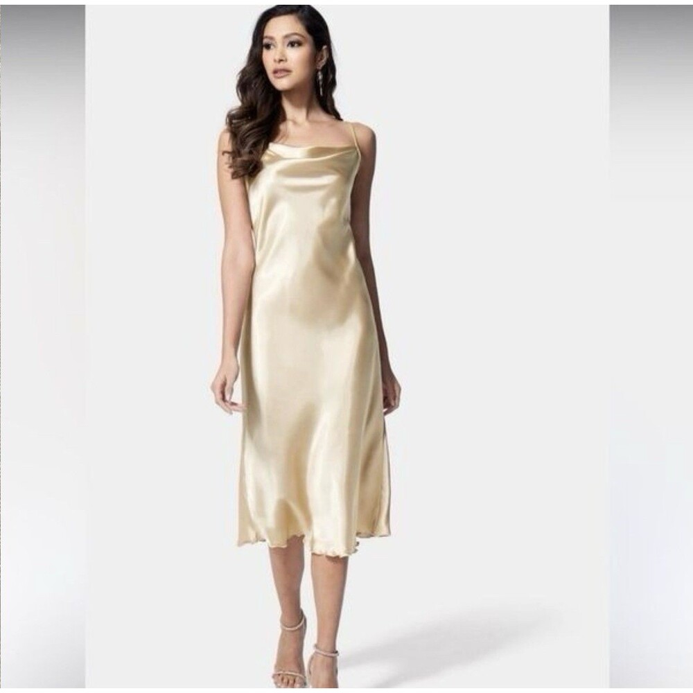 Bebe - Bias Cut - Cowl Neck - Satin - Slip Dress - XS - Champagne Gold Metallic